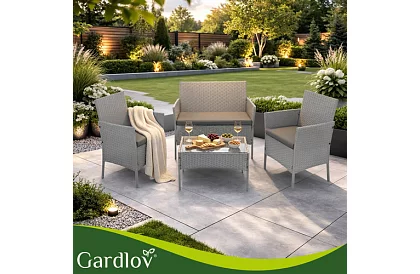 Zahradní sada nábytku – stůl, pohovka, 2 židle – šedá