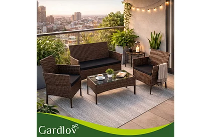 Zahradní sada nábytku – stůl, pohovka, 2 židle – hnědá