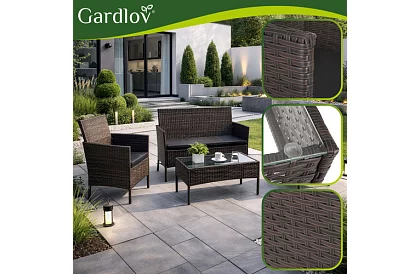 Zahradní sada nábytku – stůl, pohovka, 2 židle – hnědá