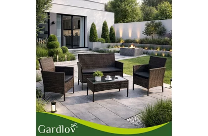 Zahradní sada nábytku – stůl, pohovka, 2 židle – hnědá