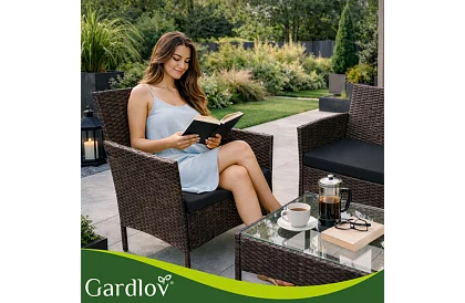 Zahradní sada nábytku – stůl, pohovka, 2 židle – hnědá