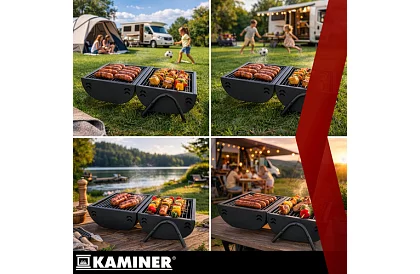 Kempingový gril na dřevěné uhlí – 2 rošty, teploměr
