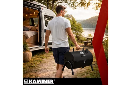 Kempingový gril na dřevěné uhlí – 2 rošty, teploměr