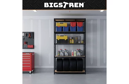 Skladový černý regál – 5 polic, 220 × 100 × 45 cm