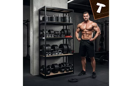 Skladový černý regál – 5 polic, 220 × 100 × 45 cm