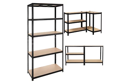 Skladový černý regál – 5 polic, 220 × 100 × 45 cm