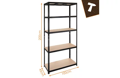Skladový černý regál – 5 polic, 220 × 100 × 45 cm