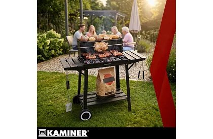 Zahradní gril na dřevěné uhlí s horním roštem pro rožnení