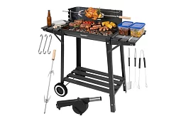 Zahradní gril na dřevěné uhlí s horním roštem pro rožnení