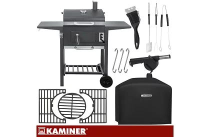 Zahradní gril s litinovým roštem, krytem - na dřevěné uhlí