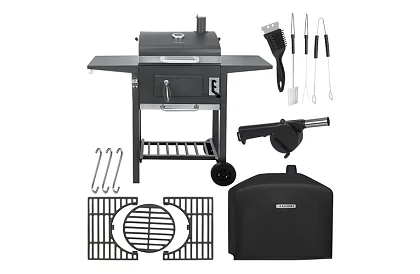 Zahradní gril s litinovým roštem, krytem - na dřevěné uhlí
