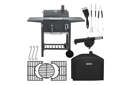 Zahradní gril s litinovým roštem, krytem - na dřevěné uhlí