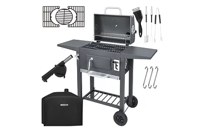 Zahradní gril s litinovým roštem, krytem - na dřevěné uhlí