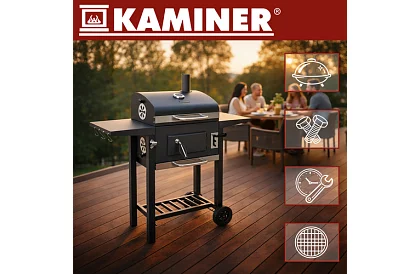Zahradní gril s litinovým roštem, krytem - na dřevěné uhlí