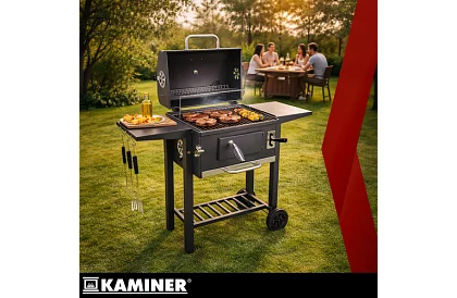 Zahradní gril s litinovým roštem, krytem - na dřevěné uhlí