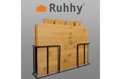 Sada 4 bambusových krájecích a servírovacích prkének + stojan