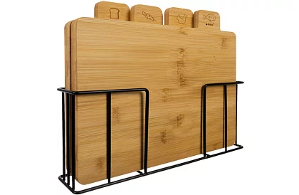 Sada 4 bambusových krájecích a servírovacích prkének + stojan
