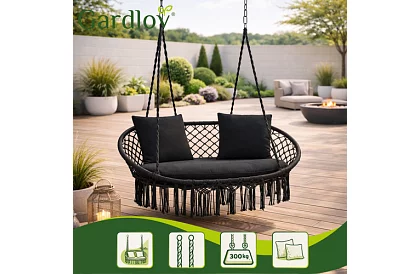 Zahradní dvoumístná černá houpačka Stork's Nest + polštáře