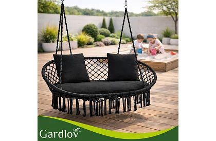 Zahradní dvoumístná černá houpačka Stork's Nest + polštáře