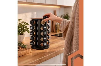 Otočný stojan na kořenky + Sada 20 dóz na koření