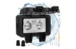 Vodotěsná venkovní dvojitá zásuvka s klapkou - IP66, 230V, 16A