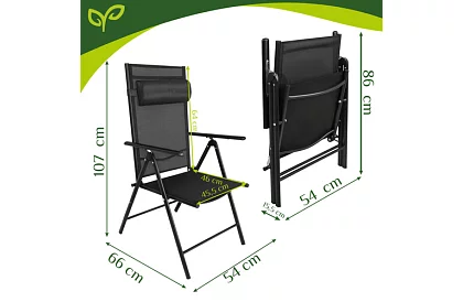 Skládací černé zahradní židle s područkami a opěrkou – 2 kusy