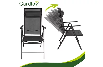 Skládací černé zahradní židle s područkami a opěrkou – 2 kusy