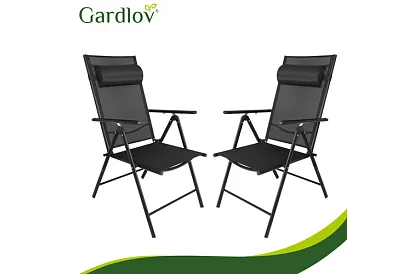Skládací černé zahradní židle s područkami a opěrkou – 2 kusy