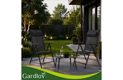 Skládací černé zahradní židle s područkami a opěrkou – 2 kusy
