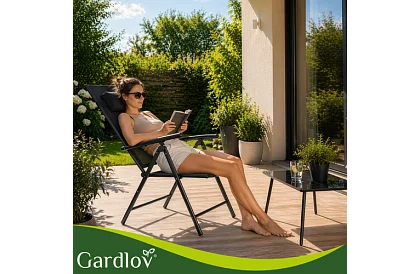 Skládací černé zahradní židle s područkami a opěrkou – 2 kusy
