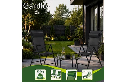 Skládací černé zahradní židle s područkami a opěrkou – 2 kusy