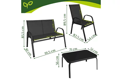 Zahradní nábytek pohovka, 2 křesla, stůl – černý