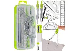 Geometrická sada 10 dílů – kružítko, pravítko, úhloměr a školní pomůcky