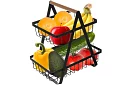 Koš na ovoce a zeleninu - 2patrový – černý kovový koš s dřevěnou rukojetí
