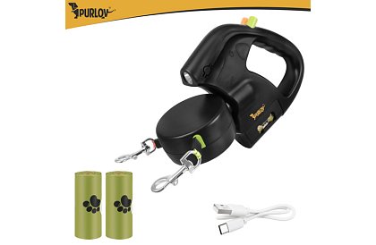 Automatické dvojité Flexi vodítko se svítilnou pro 2 psy – 2 × 3 m, LED osvětlení