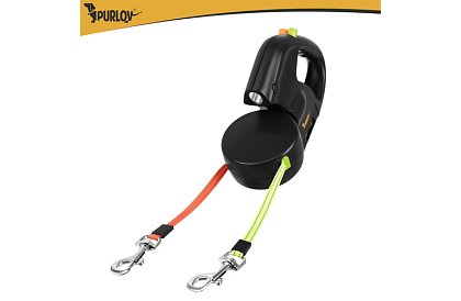 Automatické dvojité Flexi vodítko se svítilnou pro 2 psy – 2 × 3 m, LED osvětlení