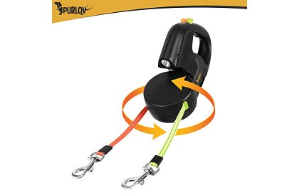 Automatické dvojité Flexi vodítko se svítilnou pro 2 psy – 2 × 3 m, LED osvětlení