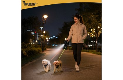 Automatické dvojité Flexi vodítko se svítilnou pro 2 psy – 2 × 3 m, LED osvětlení