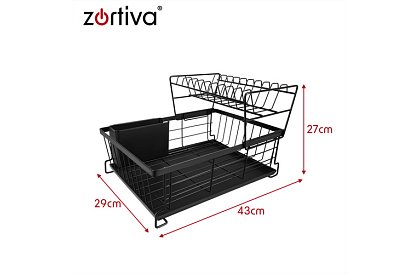 Odkapávač na nádobí, dvouúrovňový, velký 43 cm - černý s přihrádkou na příbory
