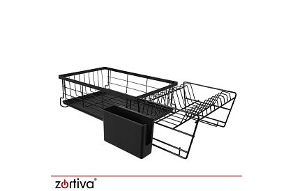 Odkapávač na nádobí, dvouúrovňový, velký 43 cm - černý s přihrádkou na příbory