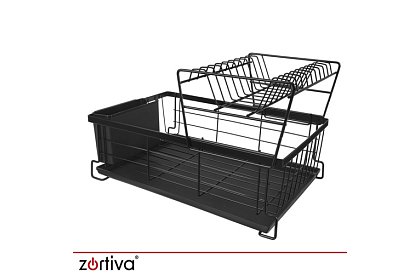 Odkapávač na nádobí, dvouúrovňový, velký 43 cm - černý s přihrádkou na příbory