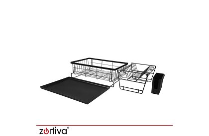 Odkapávač na nádobí, dvouúrovňový, velký 43 cm - černý s přihrádkou na příbory