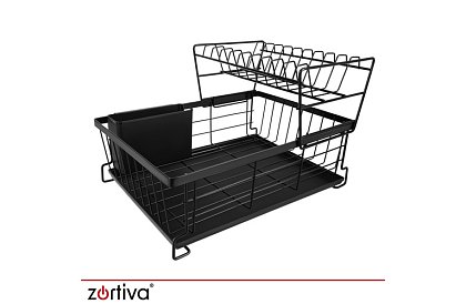 Odkapávač na nádobí, dvouúrovňový, velký 43 cm - černý s přihrádkou na příbory