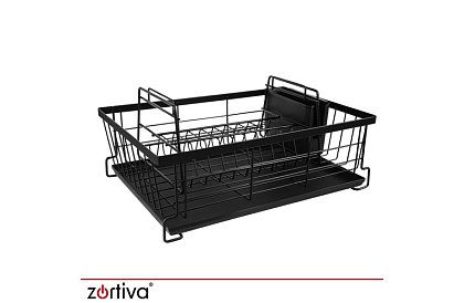 Odkapávač na nádobí, dvouúrovňový, velký 43 cm - černý s přihrádkou na příbory