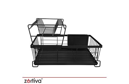 Odkapávač na nádobí, dvouúrovňový, velký 43 cm - černý s přihrádkou na příbory