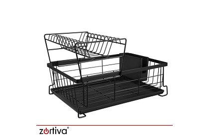 Odkapávač na nádobí, dvouúrovňový, velký 43 cm - černý s přihrádkou na příbory