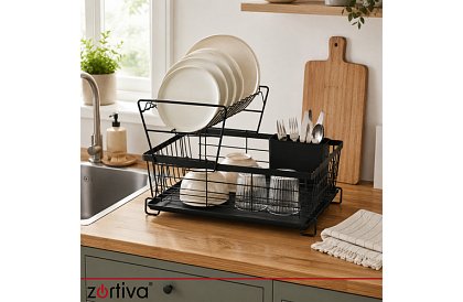 Odkapávač na nádobí, dvouúrovňový, velký 43 cm - černý s přihrádkou na příbory