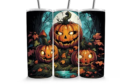Cestovní termokelímek s brčkem 590 ml – Halloweenské dýně v lese 03