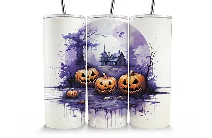 Cestovní termokelímek s brčkem 590 ml – Halloweenský strašidelný dům a dýně 04