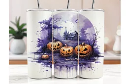 Cestovní termokelímek s brčkem 590 ml – Halloweenský strašidelný dům a dýně 04